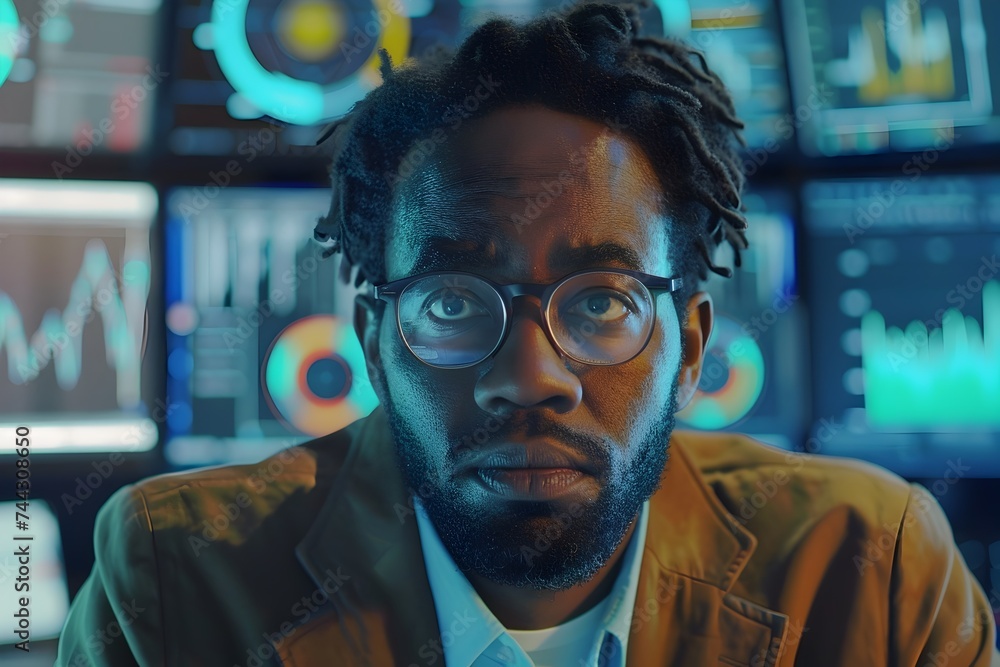 Investor Standing in Front of Financial Screens in Afrofuturistic Style Investor Standing in Front of Financial Screens in Afrofuturistic Style