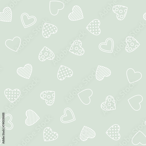 White hearts are scattered on a gray-green background. Seamless pattern with editable stroke. Contour drawing. Flat style. Isolated. Background for cover, fabric, decor.