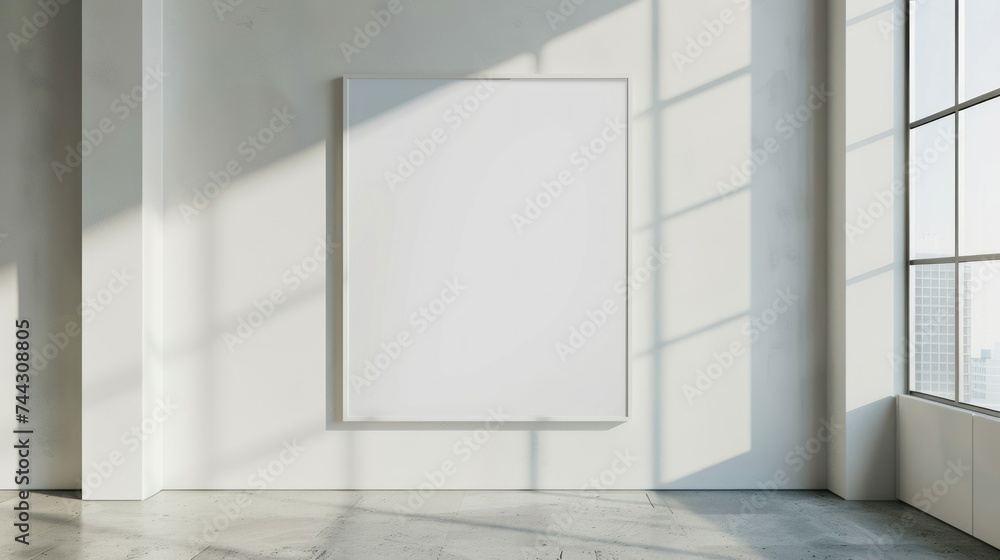 Blank Frame in a Sunny Modern Gallery Space. A blank white framed poster on a wall in a bright modern gallery space with sunlight casting shadows through large windows. Blank Frame in a Sunny Modern Gallery Space. A blank white framed poster on a wall in a bright modern gallery space with sunlight casting shadows through large windows.
