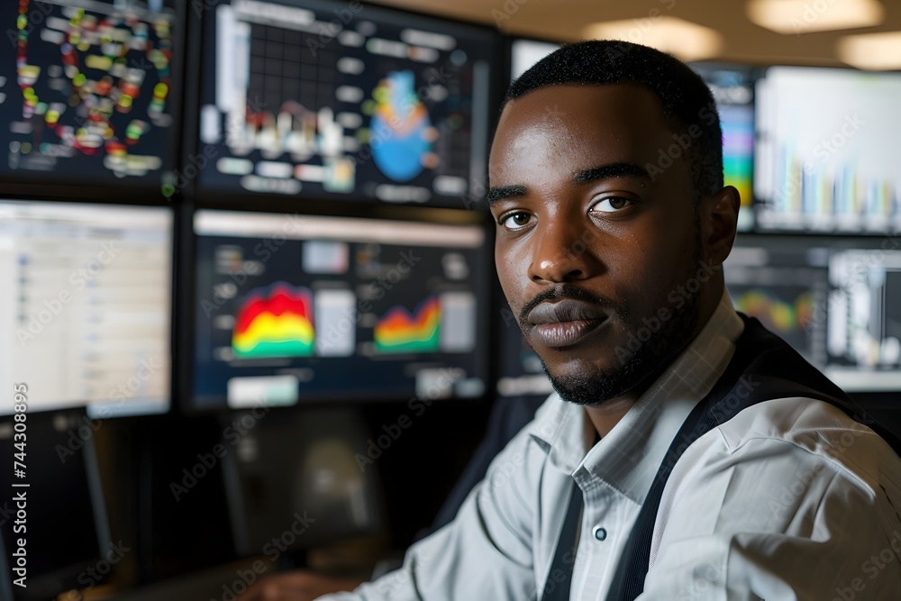 Black Man Analyzing Data on Multiple Monitors Black Man Analyzing Data on Multiple Monitors