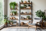 Rustic Elegance: Antique Doors, Wooden Shelves, Scandinavian Seating, Boho Rug, Plants in Living Room Decor