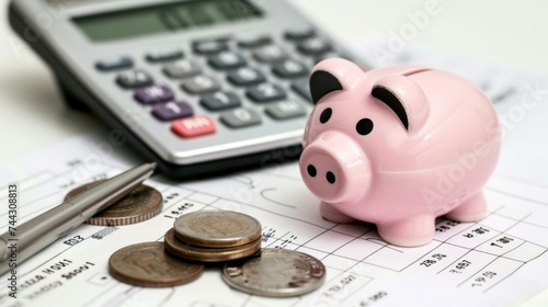 Financial Planning with Piggy Bank and Calculator. A piggy bank, coins, calculator, and financial documents on a desk, representing concepts of savings, budgeting, and financial planning.