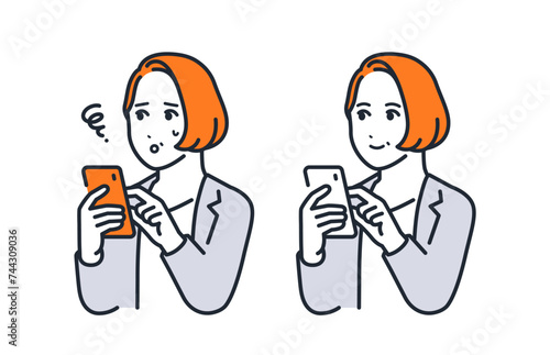 スマートフォンを操作するミドル女性のシンプルなベクターイラストセット素材