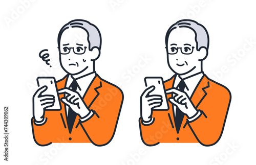 スマートフォンを操作する社長のシンプルなベクターイラストセット素材