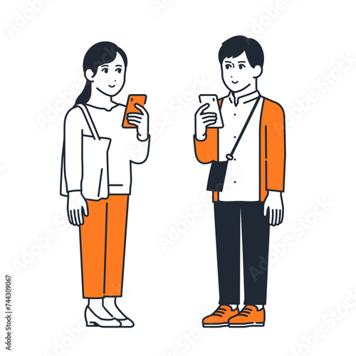 屋外でスマホを見る若い男女のシンプルなベクターイラストセット素材