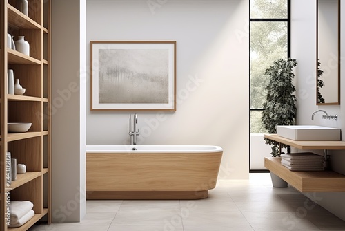 Sleek Tub Elegance  Mid-Century Bathroom Inspo with Wooden Vanity and Scandinavian Minimalist Style