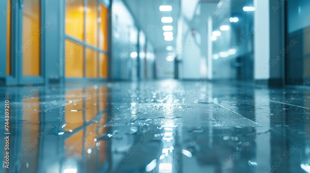 Modern Office Hallway with Reflective Wet Floor Empty modern office hallway with a reflective wet floor, creating a clean and sleek corporate atmosphere. Modern Office Hallway with Reflective Wet Floor Empty modern office hallway with a reflective wet floor, creating a clean and sleek corporate atmosphere.