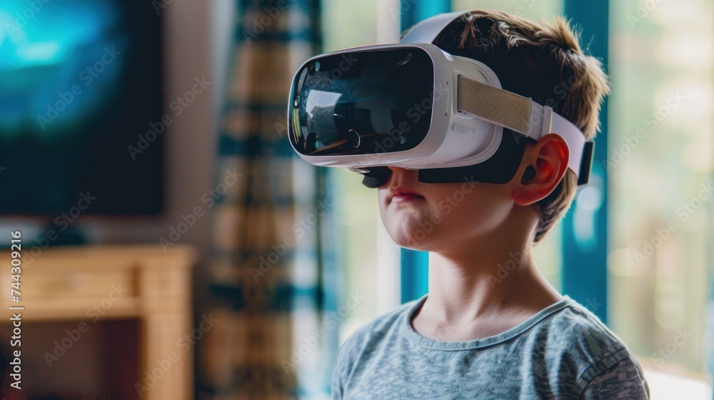 Child Experiencing Virtual Reality with VR Headset A young boy is immersed in a virtual reality experience, wearing a VR headset, standing in a living room environment. Child Experiencing Virtual Reality with VR Headset A young boy is immersed in a virtual reality experience, wearing a VR headset, standing in a living room environment.