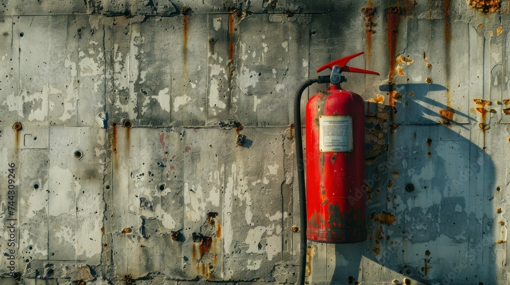 Old Red Fire Extinguisher on Rusty Metal Wall An aged red fire ...