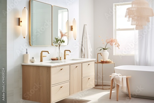 Nordic Chic: Mid-Century Modern Bathroom with Wooden Vanity and Pastel Touches