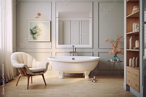 Nordic Chic  Modern Bathroom with Mid-Century Vibes  Wooden Floor  Chic Rug  Pastel Accents  Art Deco Elements