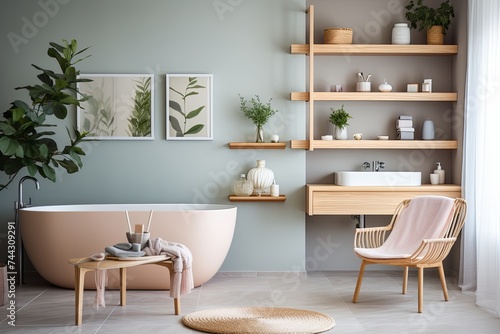 Mid-Century Nordic Chic: Modern Bathroom with Wooden Shelving and Pastel Touches © Michael