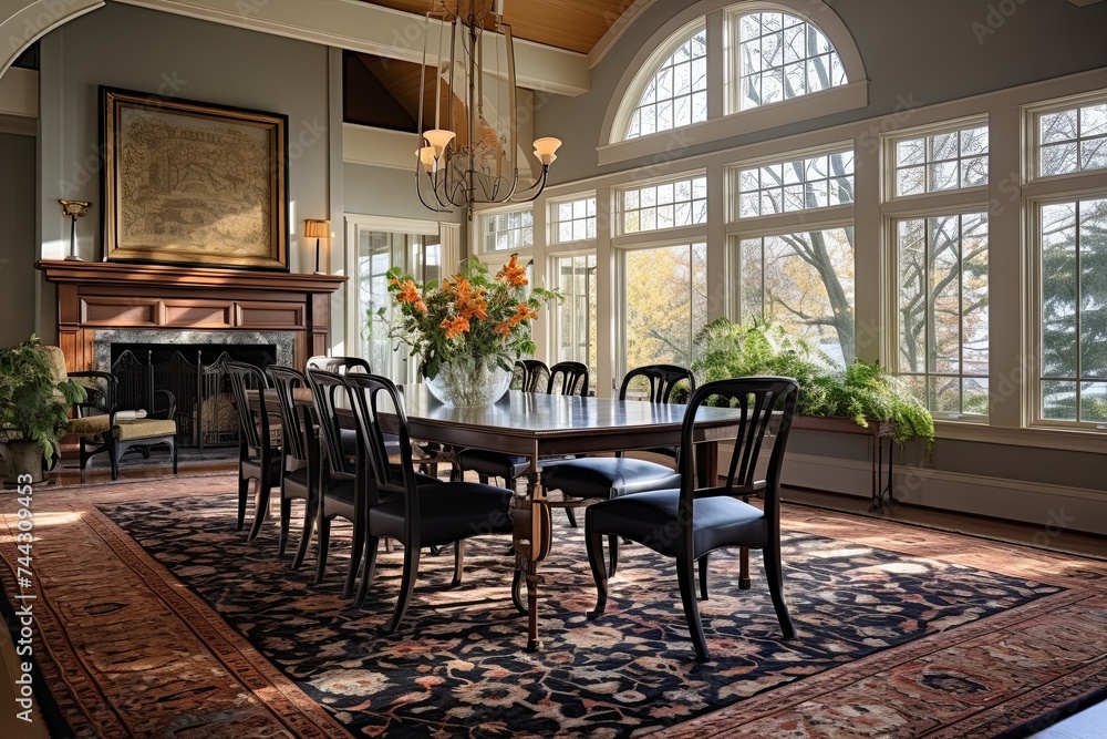 Modern Dining with Oriental Rugs under an Arched Ceiling