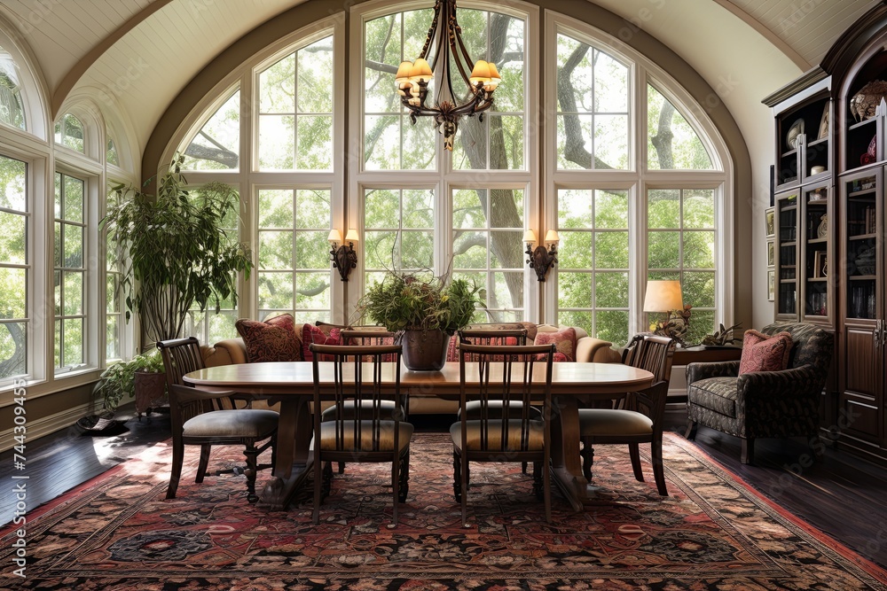 Modern Arch Ceiling Dining Room with Stunning Oriental Rug D�cor