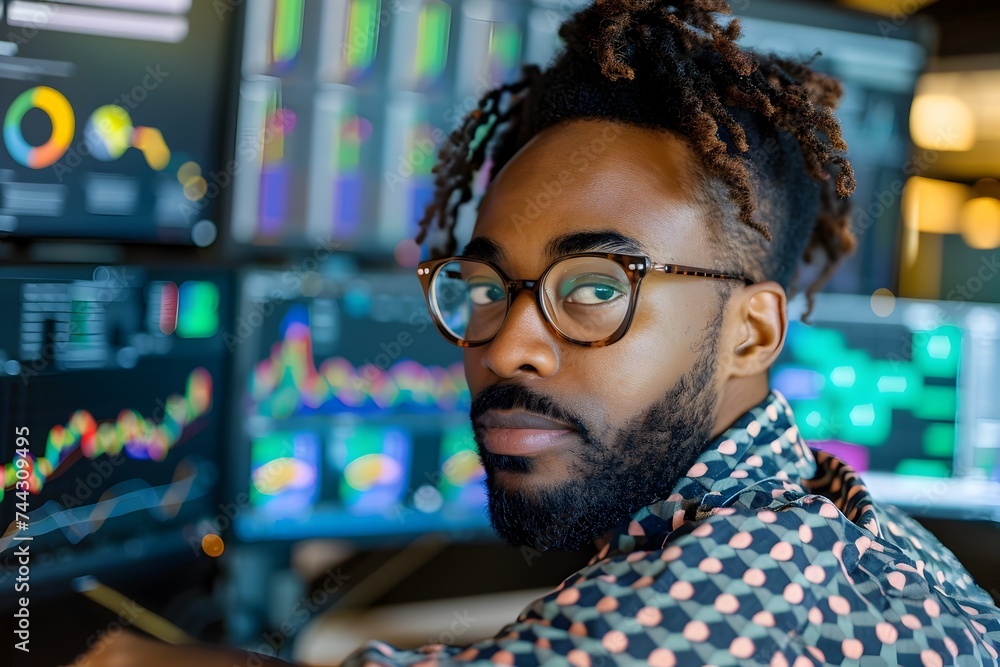 Fototapeta premium African American Stock Trader Focused on Screens Inspired by Afrofuturism with stock trading and finacial as background.