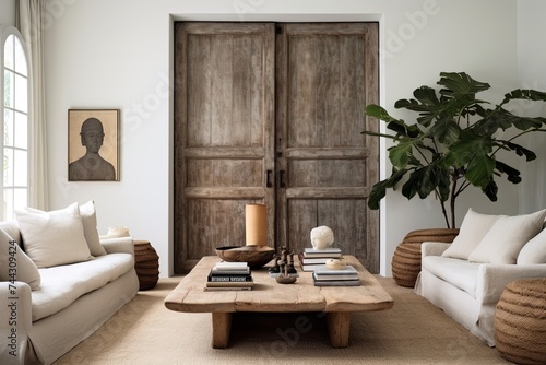 Vintage Chic  Modern Living Room with Antique Wooden Door Designs and Minimalist Shelves