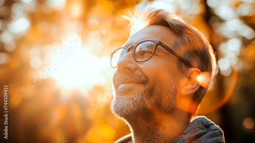 Man in glasses with sunlight behind, representing hope, contentment, aging, and tranquility.
