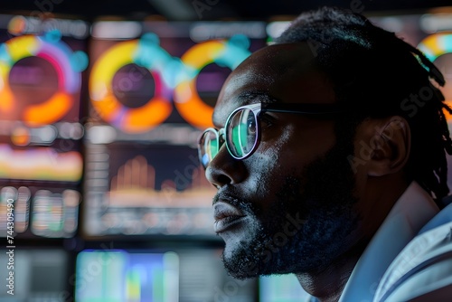 Businessman Analyzing Data in Afrofuturistic Workspace with stock trading and finacial as background. photo