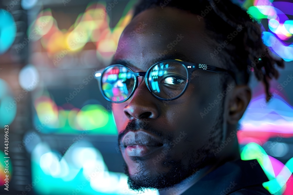 Afrofuturistic Man in Front of Colorful TV Screens and Computer Charts with stock trading and finacial as background. Afrofuturistic Man in Front of Colorful TV Screens and Computer Charts with stock trading and finacial as background.