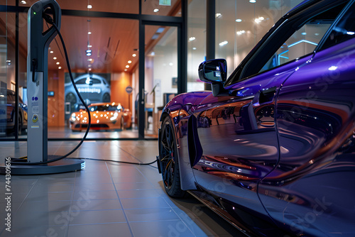 Dealership with electric car and its charging base