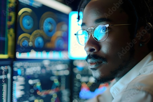 African American Business Man Analyzing Financial Data in a Futuristic Office with stock trading and finacial as background.