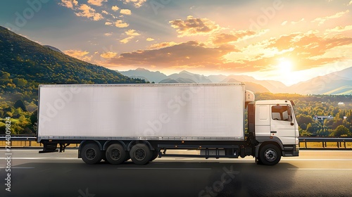 a white cargo truck with a white blank empty trailer for ad on a highway road in the united states. beautiful nature mountains and sky. golden hour sunset. driving in motion.