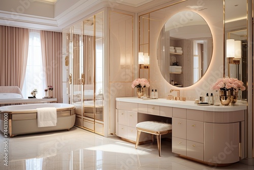 Rose Gold Fixtures Luxe Bathroom Design with Beige Wall - Roomy Elegance