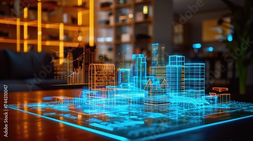 An augmented reality hologram shows a 3D map of a building highlighting areas with high levels of activity and potential security risks.