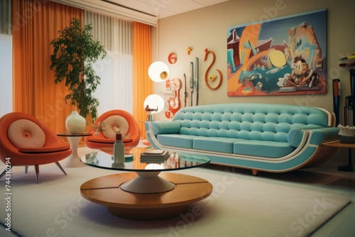 Wallpaper Mural Retro living room. Wall decor. Generate Ai Torontodigital.ca