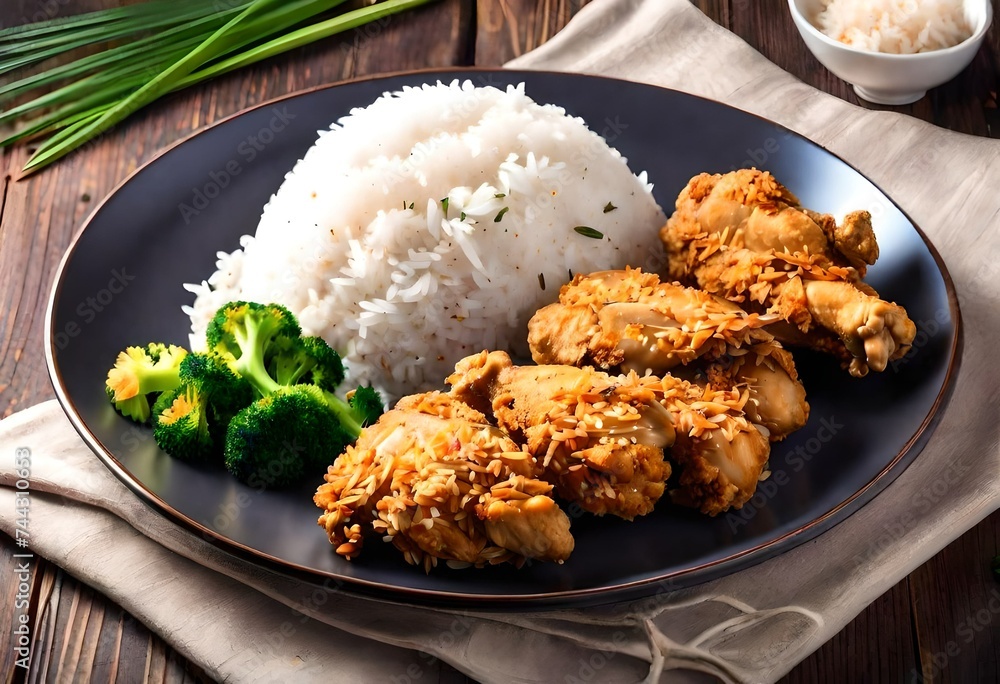 Rice and fried chicken with some broccoli on a black plate Rice and fried chicken with some broccoli on a black plate