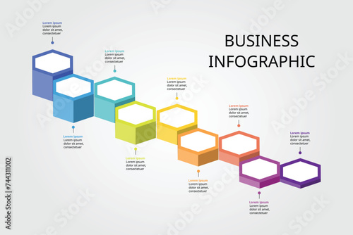 Hexagon step level template for infographic for presentation for 9 element