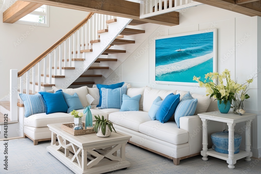 Coastal Sunken Living Room Concepts: Blue Cushioned Seats by the Sea