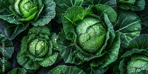 Vibrant green cabbages with morning dew showcasing fresh farm produce