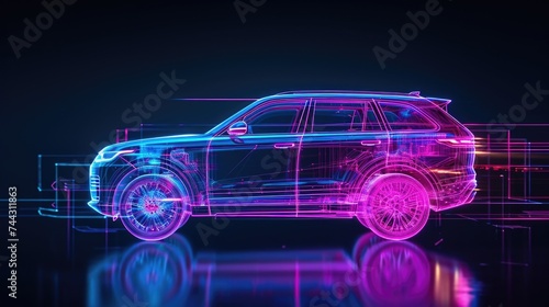 A hologram of a hybrid SUV highlighting its combination of sleek design and environmentallyfriendly features for the conscious consumer.