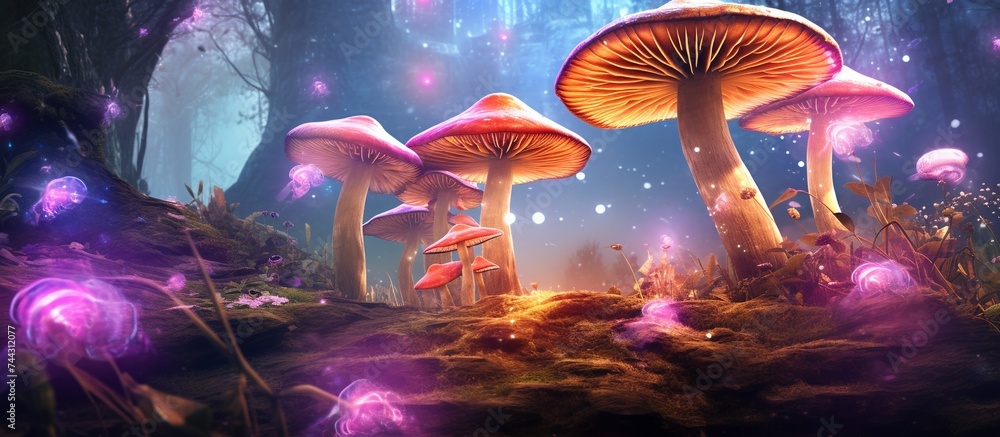 Vector illustration of glowing neon mushrooms at night in the forest. Fairy mushrooms in fairyland - obrazy, fototapety, plakaty 