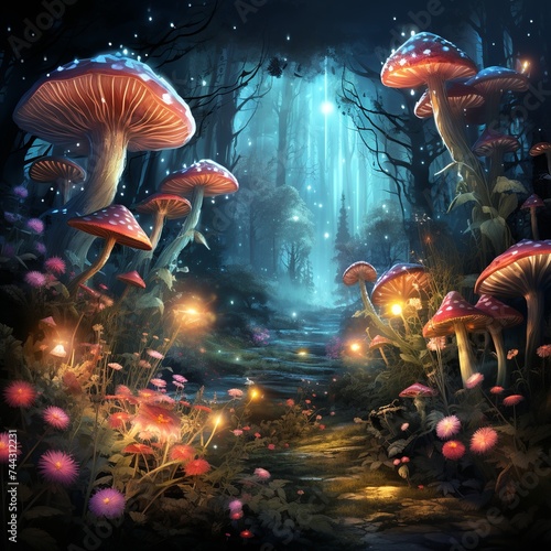 Vector illustration of glowing neon mushrooms at night in the forest. Fairy mushrooms in fairyland
