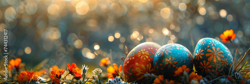 Multicolored Easter eggs with flower, Colorful Easter banner with beautiful eggs in grass and sun rays on blurred background,