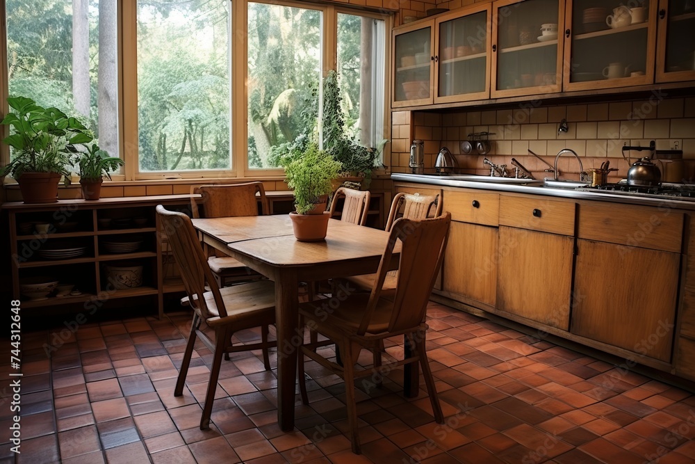 Brown Leather Seat Vintage Tiled Kitchen Inspo with Wooden Table and Tile Floor