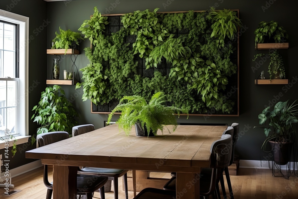 Green Wall-Mounted Plant Decorations Adorning Classic Dining Room Wooden Table