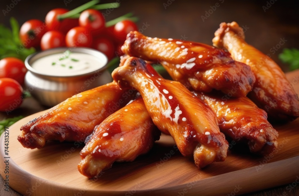 BBQ Chicken Wings With Ranch Sauce,On Plain Background,Baked Chicken Wings Served With Various Sauces