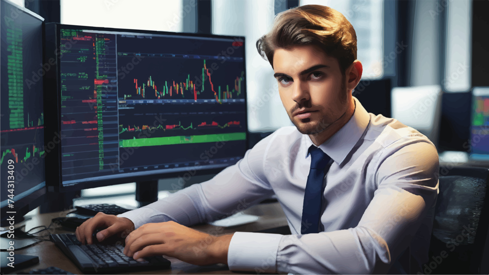 Portrait of Young Handsome Stock Exchange Broker Working on a Computer, Researching Real-Time Stocks Data, Analyzing Commodities and Exchange Market Charts. Professional Investment Agent in Office Portrait of Young Handsome Stock Exchange Broker Working on a Computer, Researching Real-Time Stocks Data, Analyzing Commodities and Exchange Market Charts. Professional Investment Agent in Office