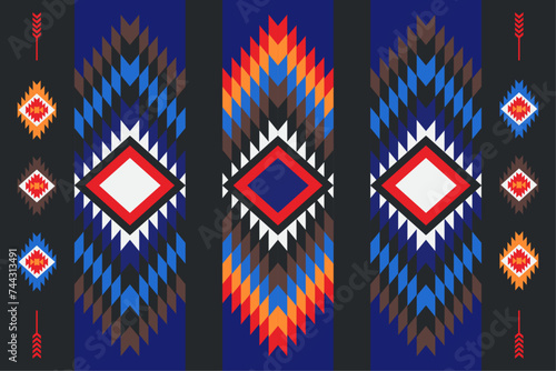 Ethnic fabric pattern, black, red, yellow, blue, geometric shapes for textiles and clothing, blankets, rugs, blankets, vector illustration.