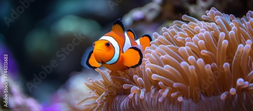 Colorful Anemone Clownfish Swimming Playfully Inside A Lush Green Anemone In The Ocean