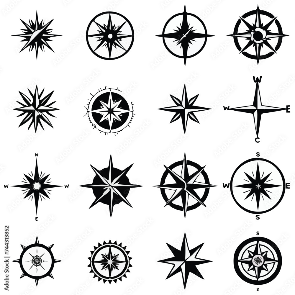 Vector compilation of solid black vector shape minimalistic logo heraldic compasses vector on white back