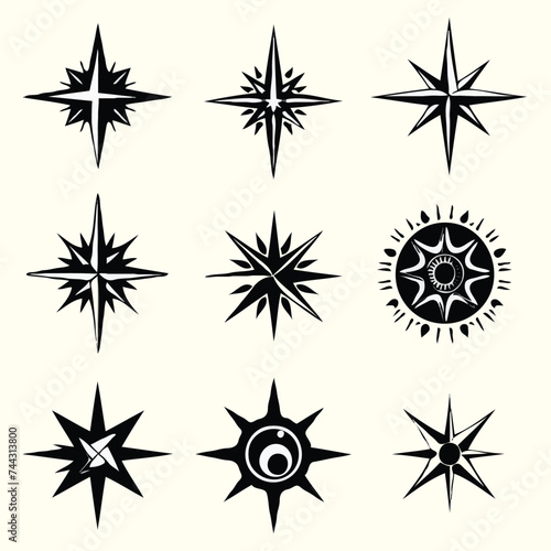 Vector compilation of solid black vector shape minimalistic logo heraldic compasses vector on white back