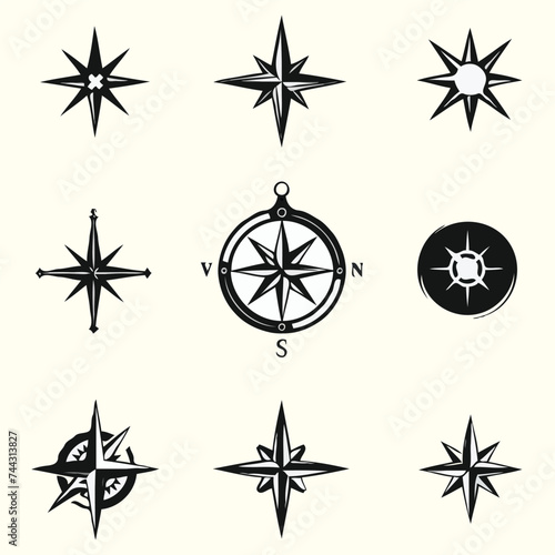 Vector compilation of solid black vector shape minimalistic logo heraldic compasses vector on white back