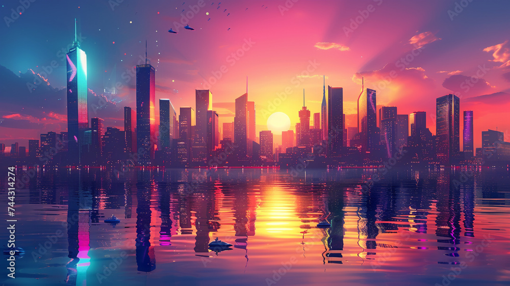 A futuristic cityscape with flying cars and towering skyscrapers, portraying a utopian vision of urban life for a sleek and modern t-shirt design.