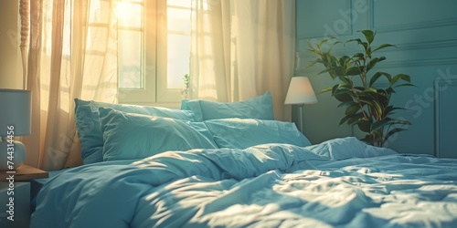 Peaceful blue bedroom basking in soft morning light, a sanctuary for rest and rejuvenation photo