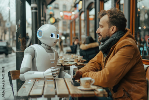 A man having a good time talking with ai robot friend in cafe