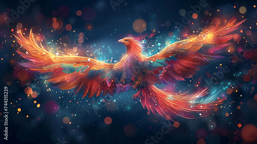 A celestial and dreamlike representation of a phoenix rising from the ashes, symbolizing resilience and transformation for an empowering t-shirt graphic.